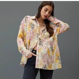 Pilcro by Anthropologie Smocked Multicolor Button-Down Shirt